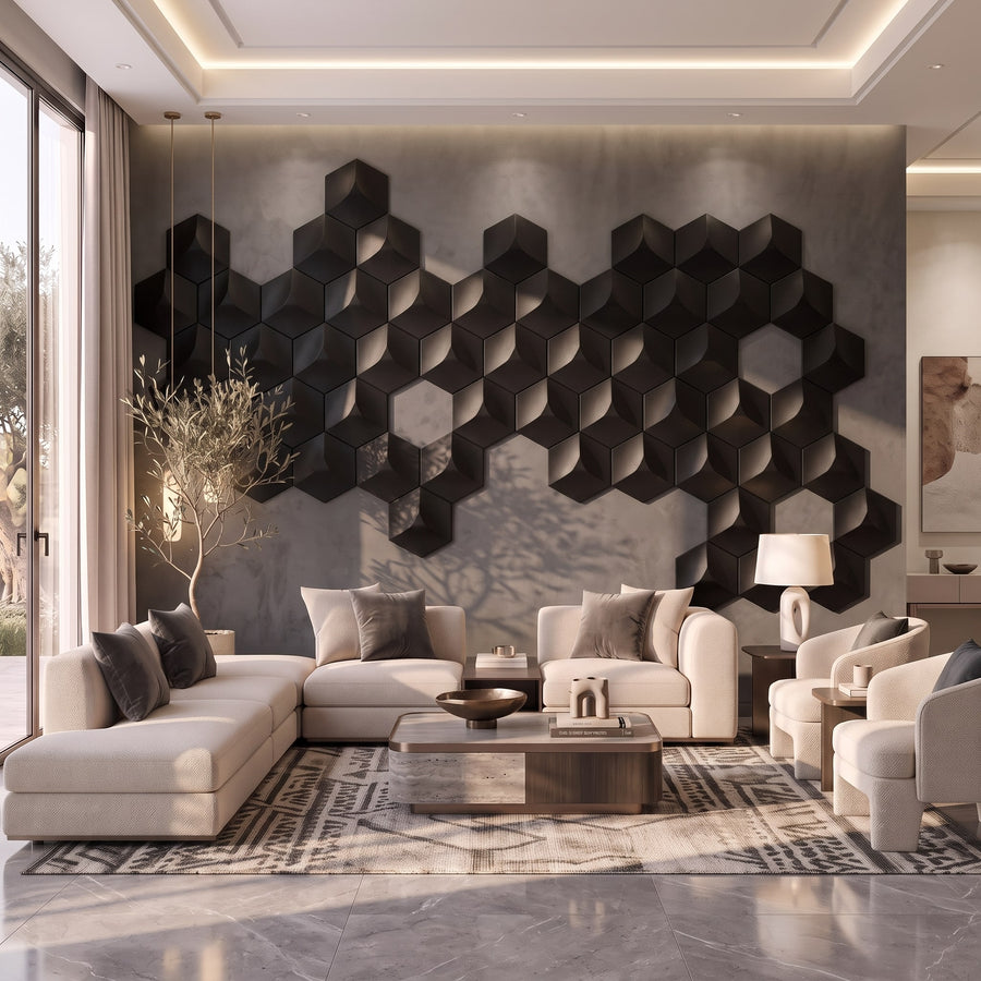 Cubed Hexagon 3D Leather Wall Panel in Black