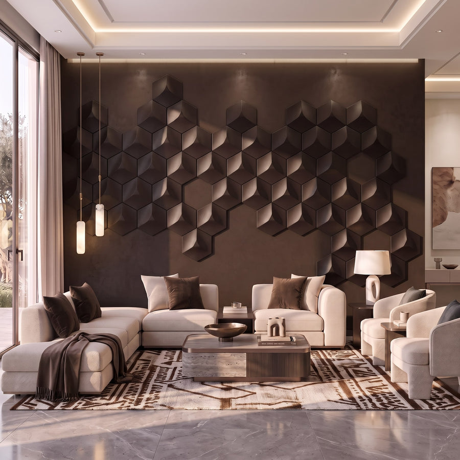 Cubed Hexagon 3D Leather Wall Panel in Dark Brown