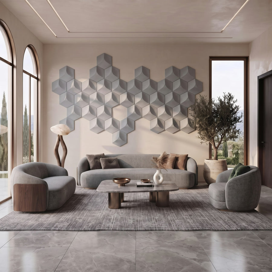 Cubed Hexagon 3D Leather Wall Panel in Grey