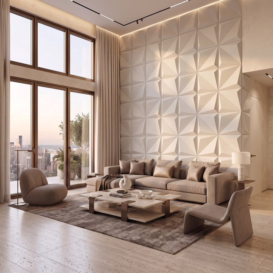 Leaves Square 3D Leather Wall Panel in Beige White
