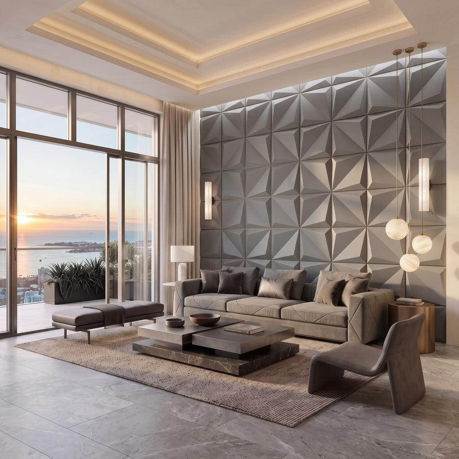 Leaves Square 3D Leather Wall Panel in Grey