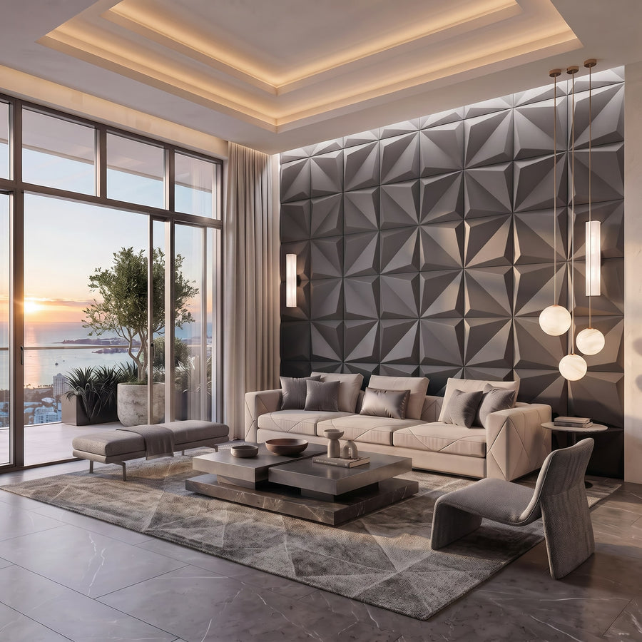 Leaves Square 3D Leather Wall Panel in Charcoal Grey