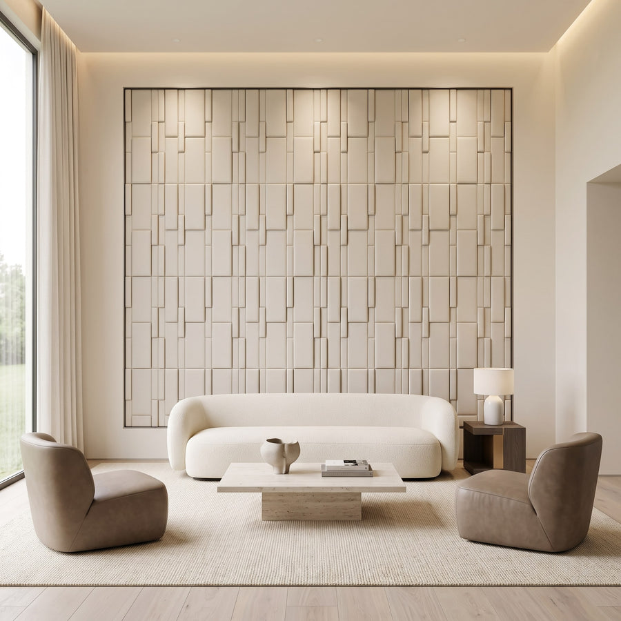 Flux Square 3D Leather Wall Panel in Beige White