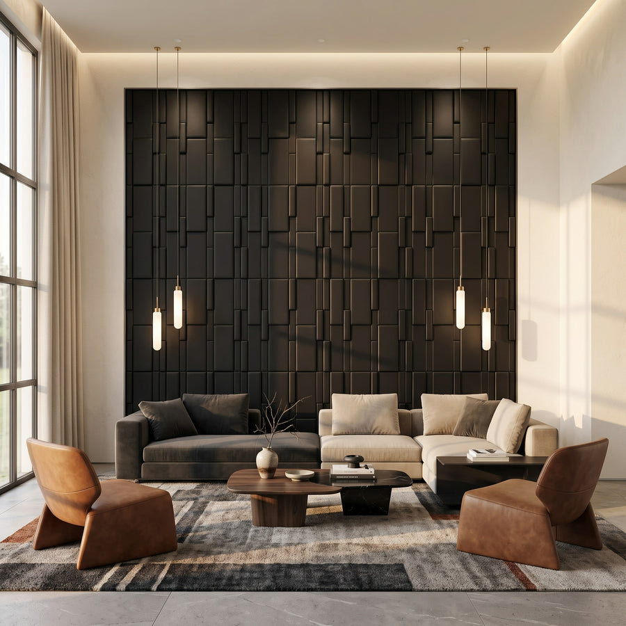 Flux Square 3D Leather Wall Panel in Black