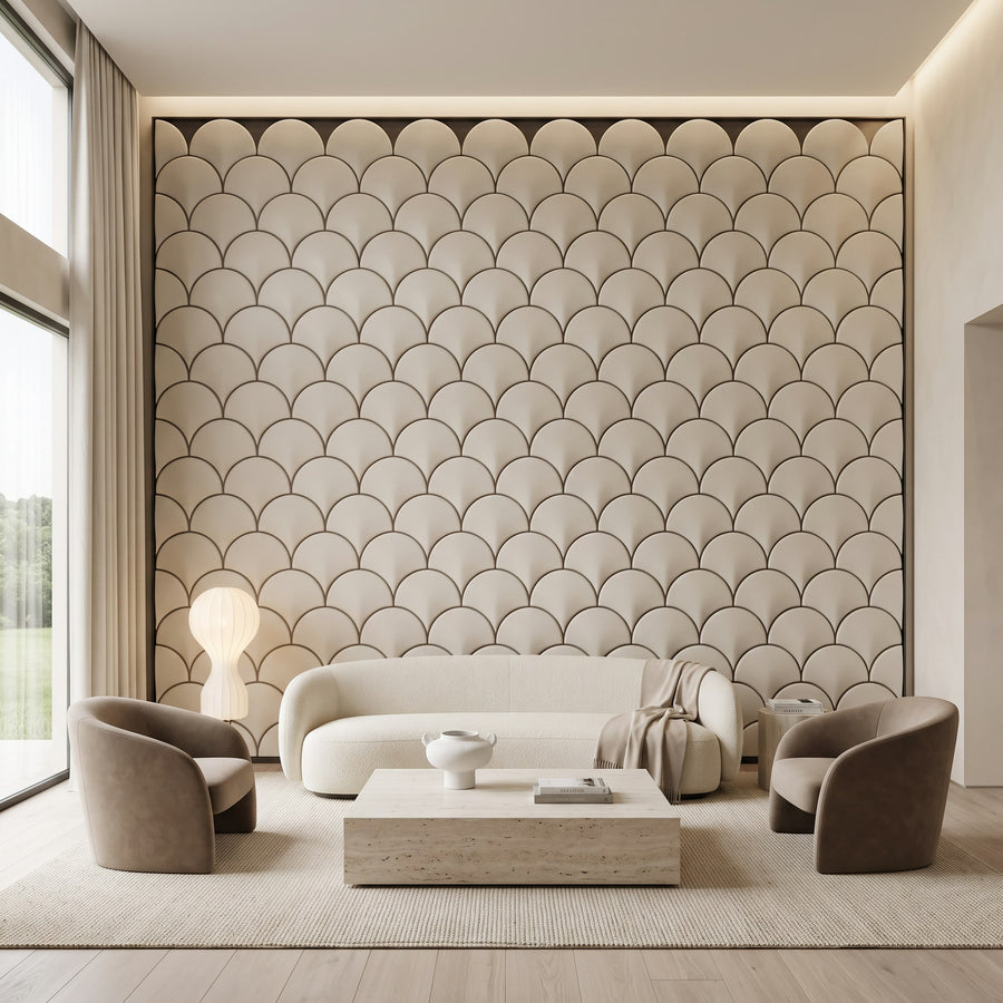 Mermaid Scales Geometric 3D Leather Wall Panel in Beige White