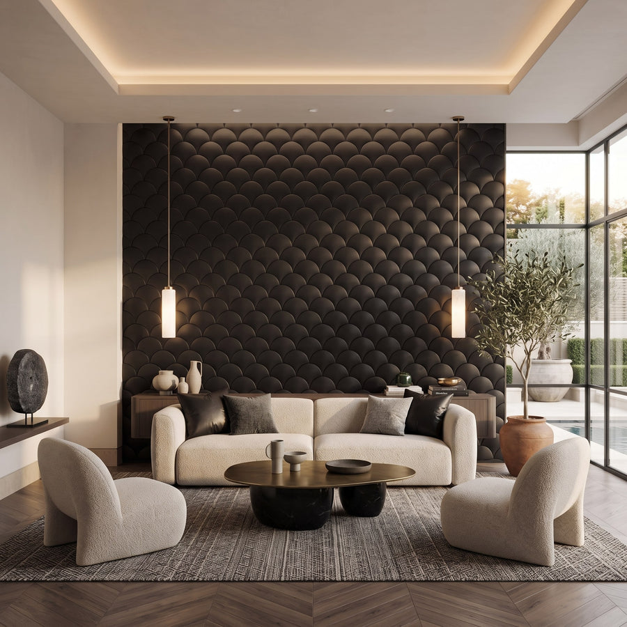 Mermaid Scales Geometric 3D Leather Wall Panel in Black