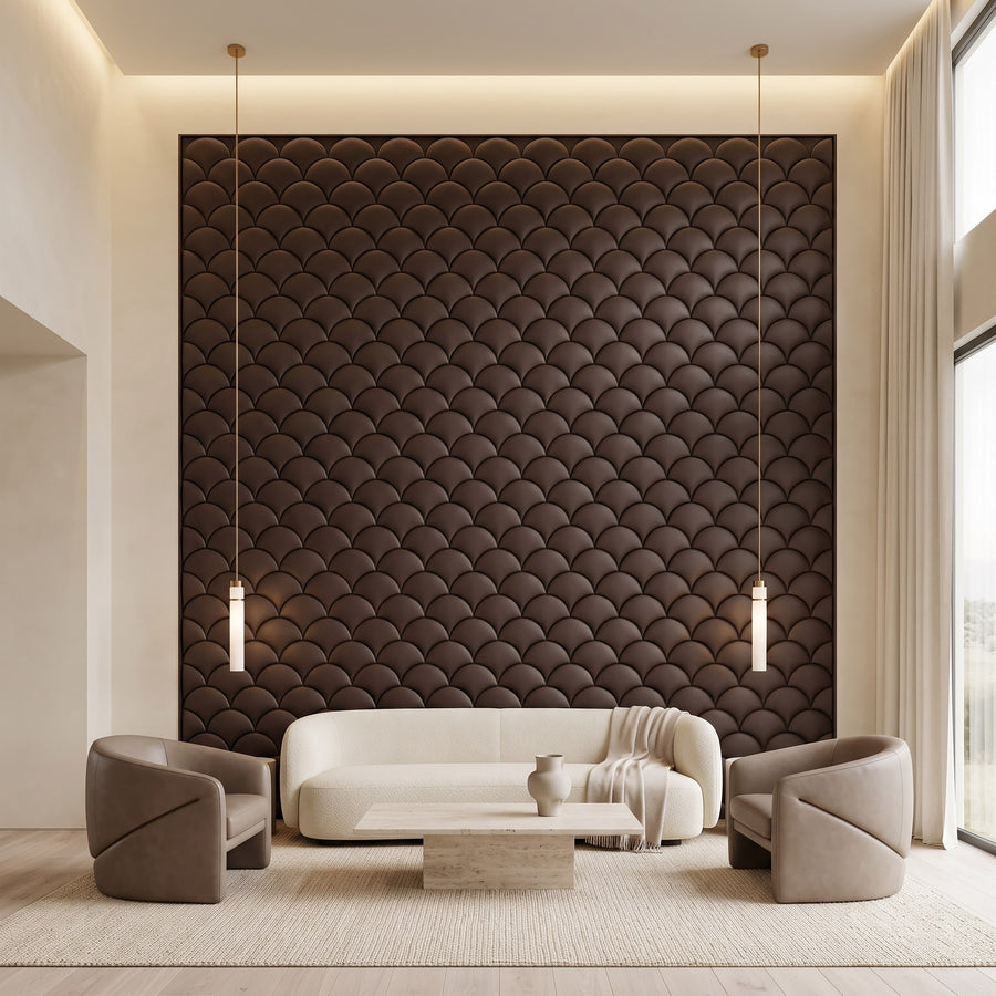 Mermaid Scales Geometric 3D Leather Wall Panel in Dark Brown