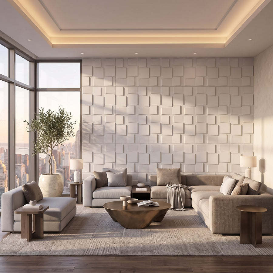Rubik Square 3D Leather Wall Panel in Light Grey