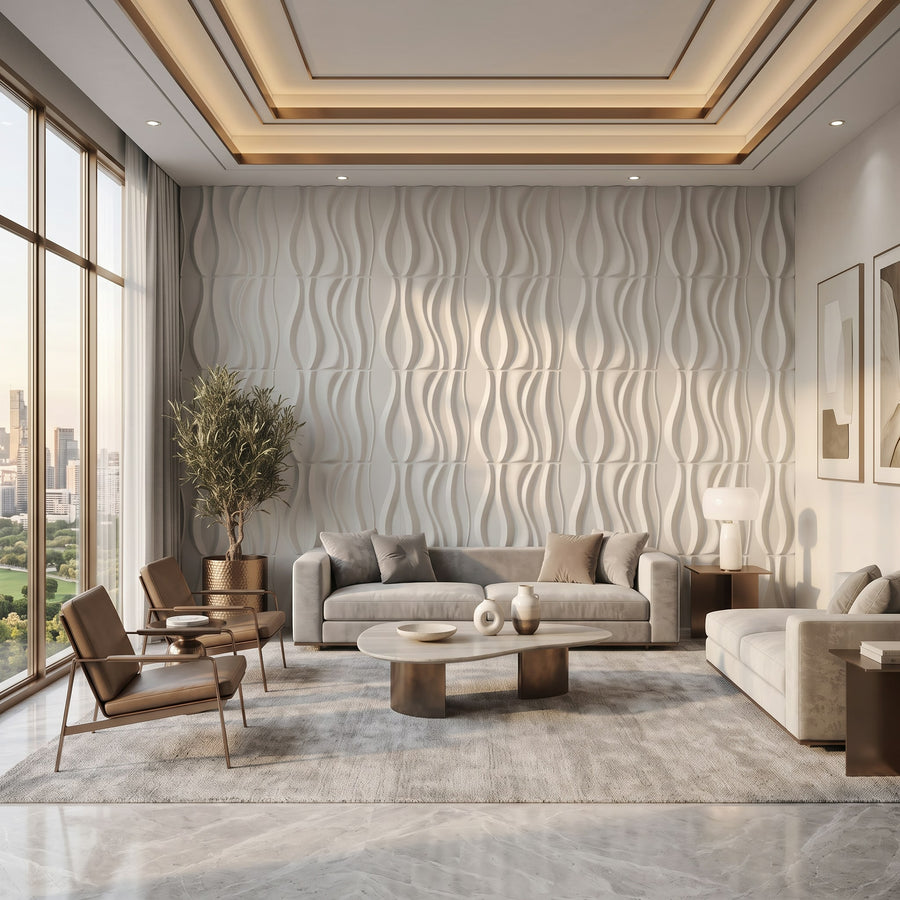 River Square 3D Leather Wall Panel in Light Grey