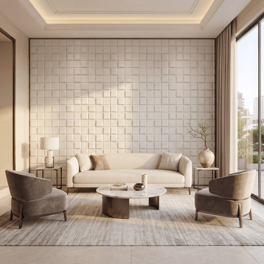 Tetris Square 3D Leather Wall Panel in Classic White