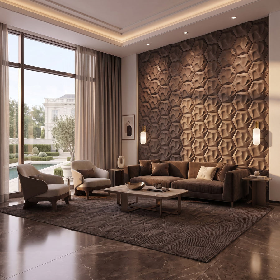 Speck Hexagon 3D Leather Wall Panel in Dark Brown