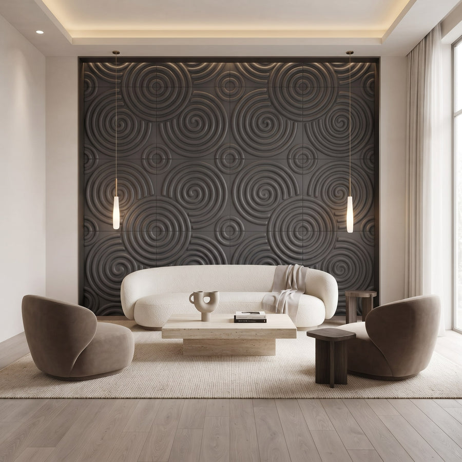 Hypnotized Square 3D Leather Wall Panel in Charcoal Grey