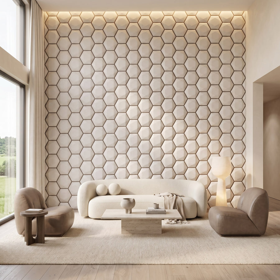 Trapezoid Hexagon 3D Leather Wall Panel in Classic White