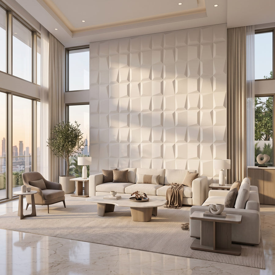 Mosaic Square 3D Leather Wall Panel in Classic White