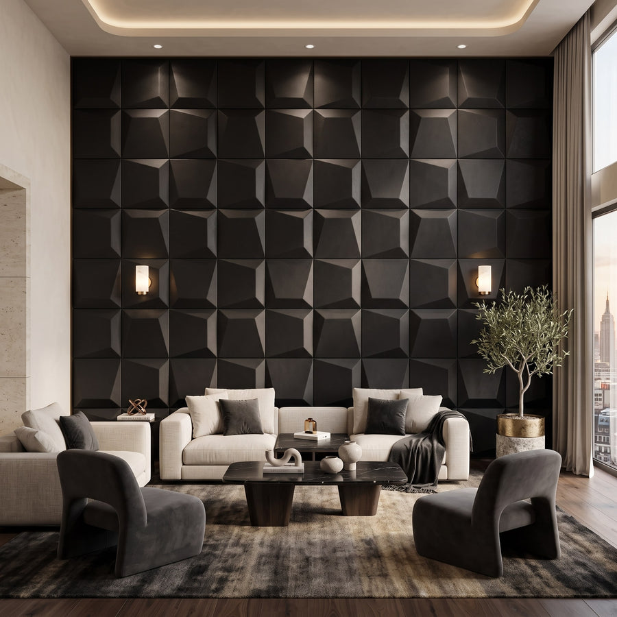 Mosaic Square 3D Leather Wall Panel in Black