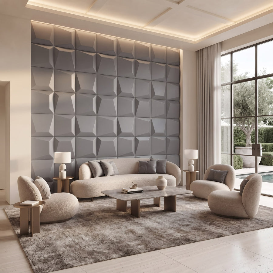 Mosaic Square 3D Leather Wall Panel in Grey