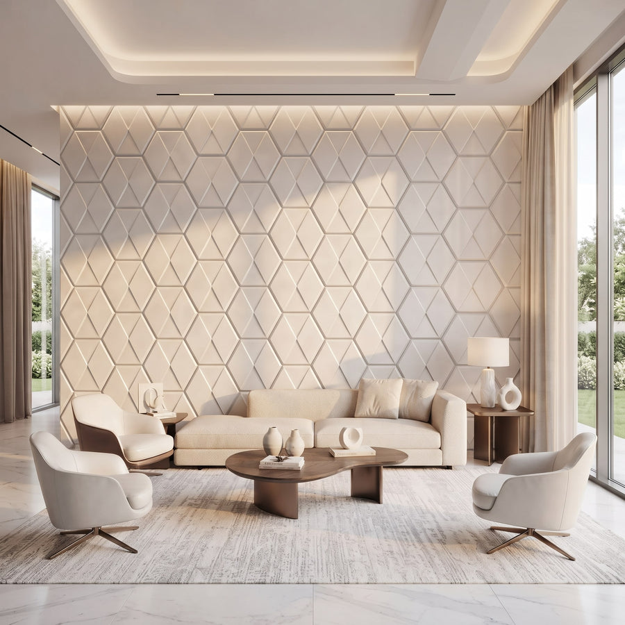Diamond Tile Hexagon 3D Leather Wall Panel in Classic White