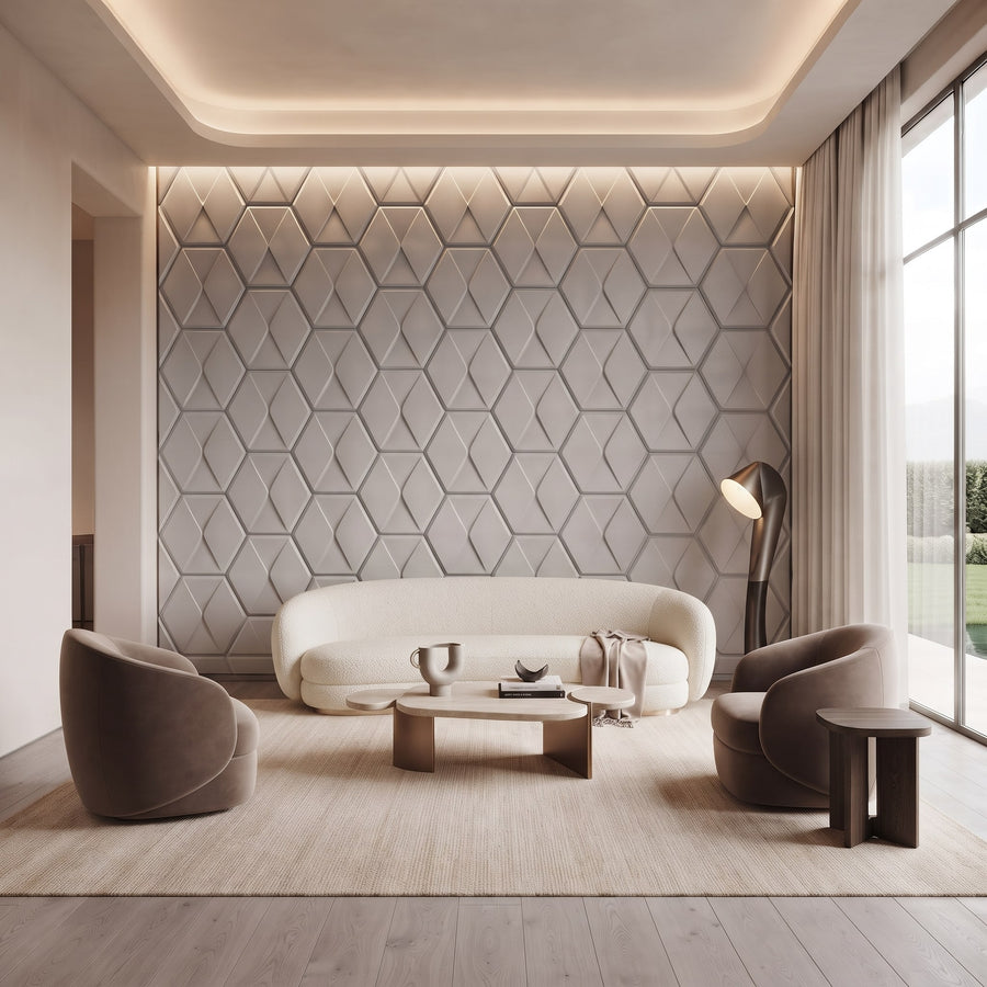 Diamond Tile Hexagon 3D Leather Wall Panel in Light Grey
