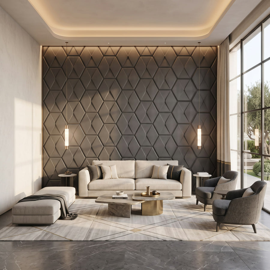 Diamond Tile Hexagon 3D Leather Wall Panel in Charcoal Grey