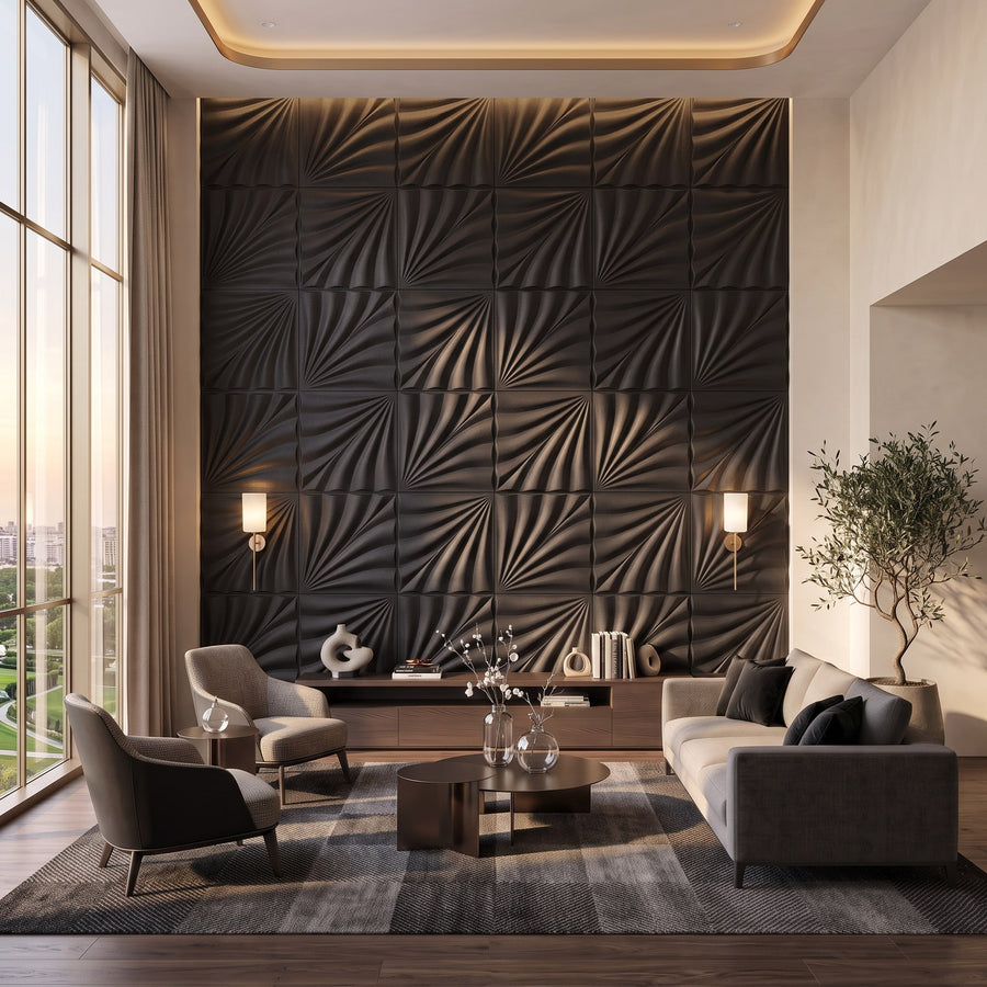 Rays Square 3D Leather Wall Panel in Black