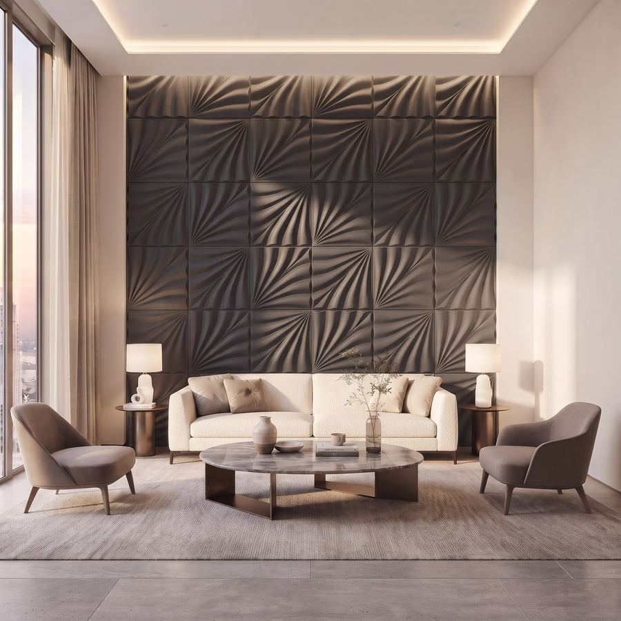 Rays Square 3D Leather Wall Panel in Charcoal Grey
