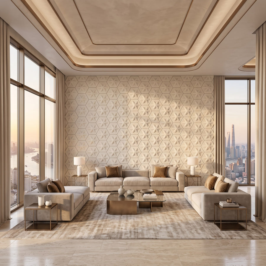 Asterisk Hexagon 3D Leather Wall Panel in Beige White