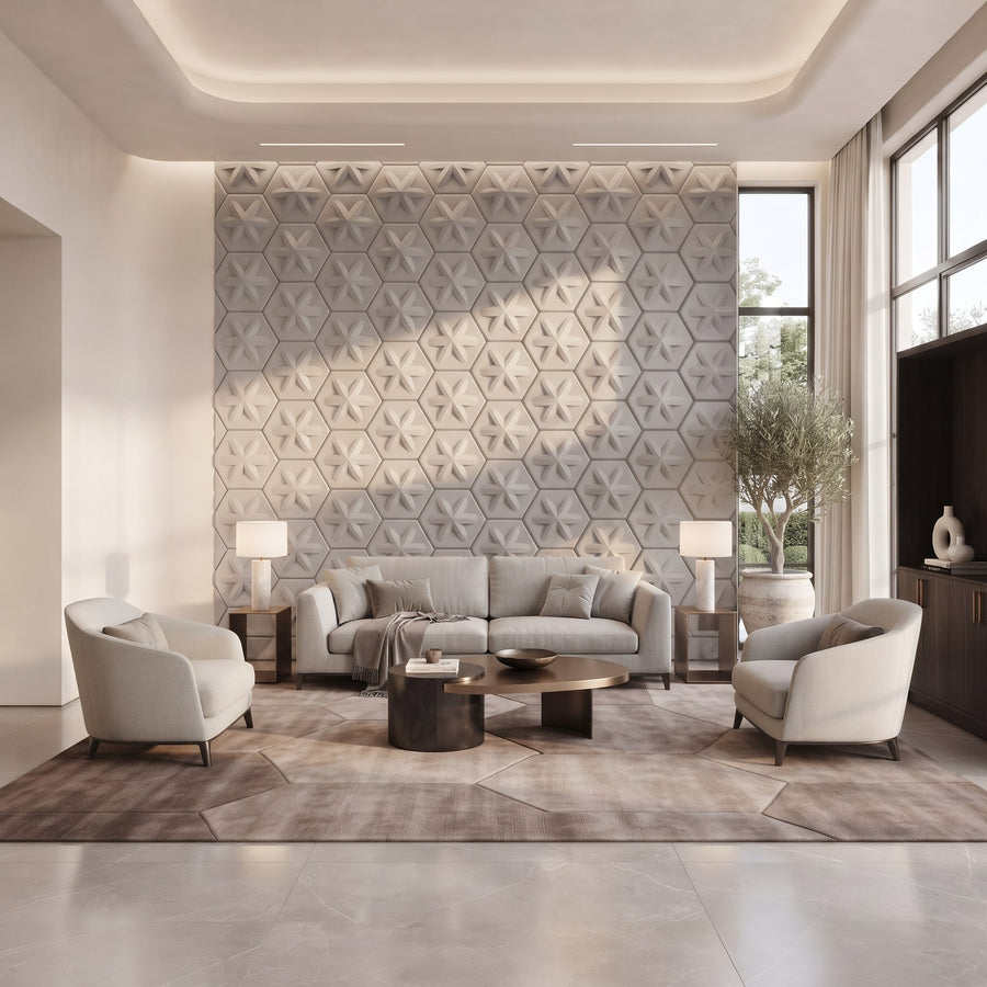 Asterisk Hexagon 3D Leather Wall Panel in Light Grey