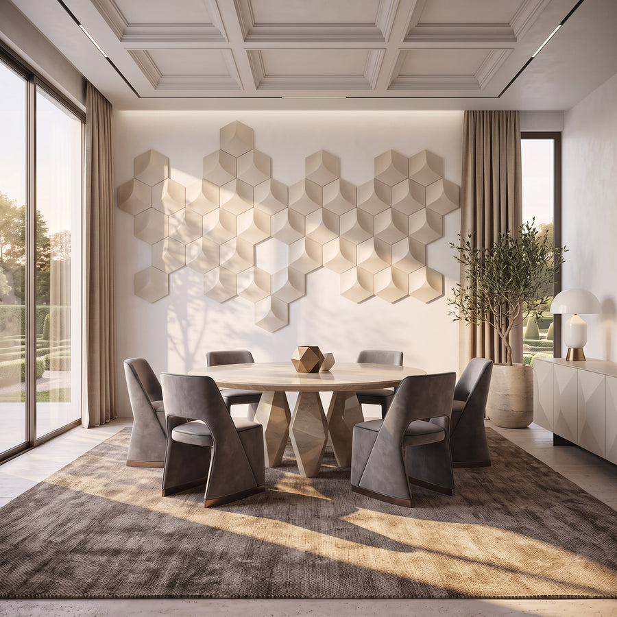 Cubed Hexagon 3D Leather Wall Panel in Beige White