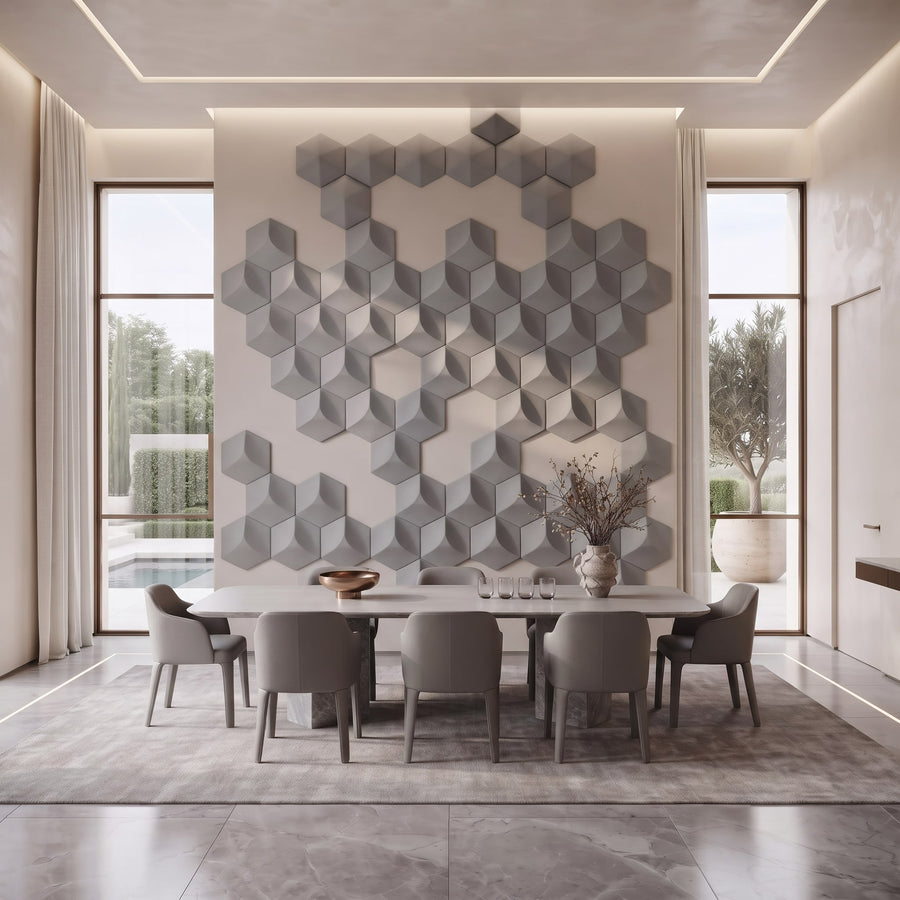 Cubed Hexagon 3D Leather Wall Panel in Grey