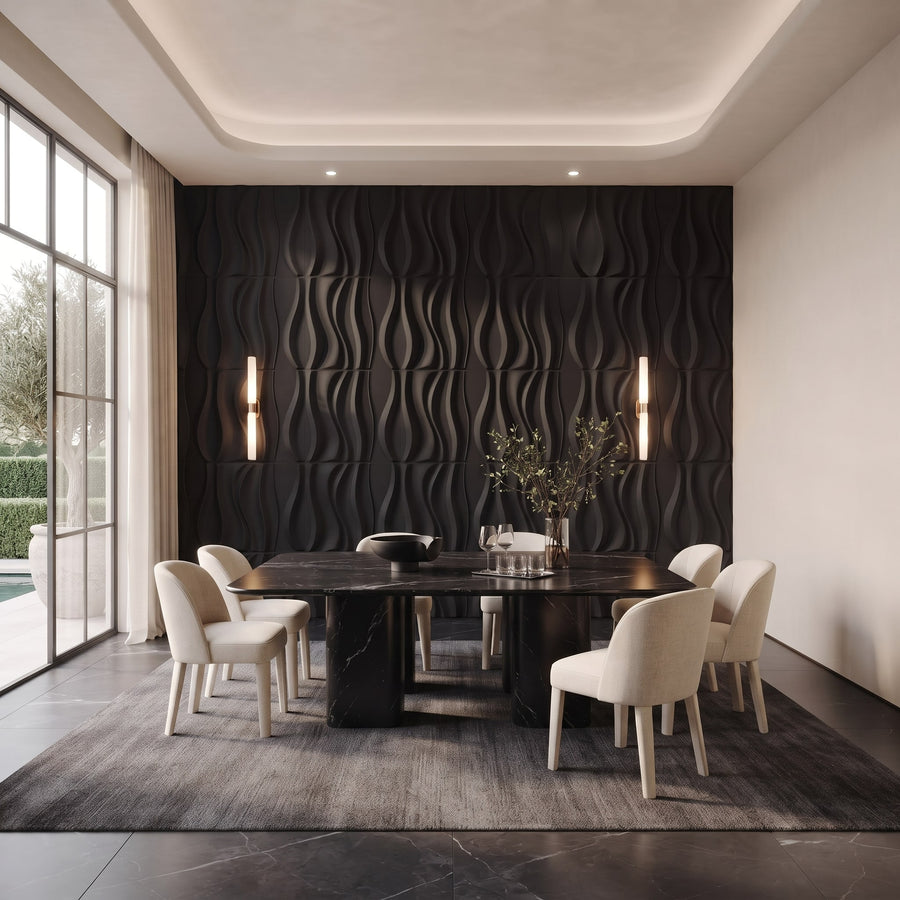 River Square 3D Leather Wall Panel in Black