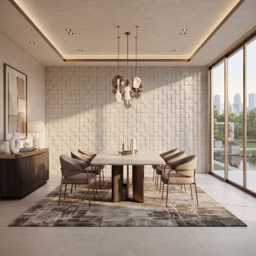 Tetris Square 3D Leather Wall Panel in Beige White