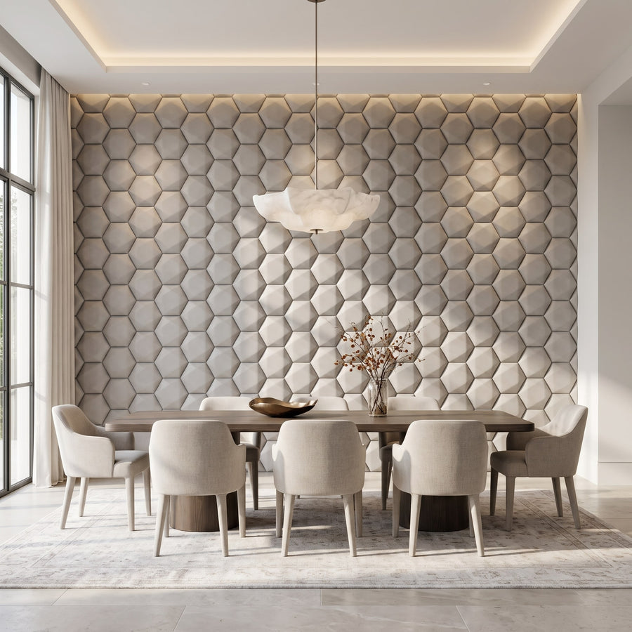 Trapezoid Hexagon 3D Leather Wall Panel in Light Grey