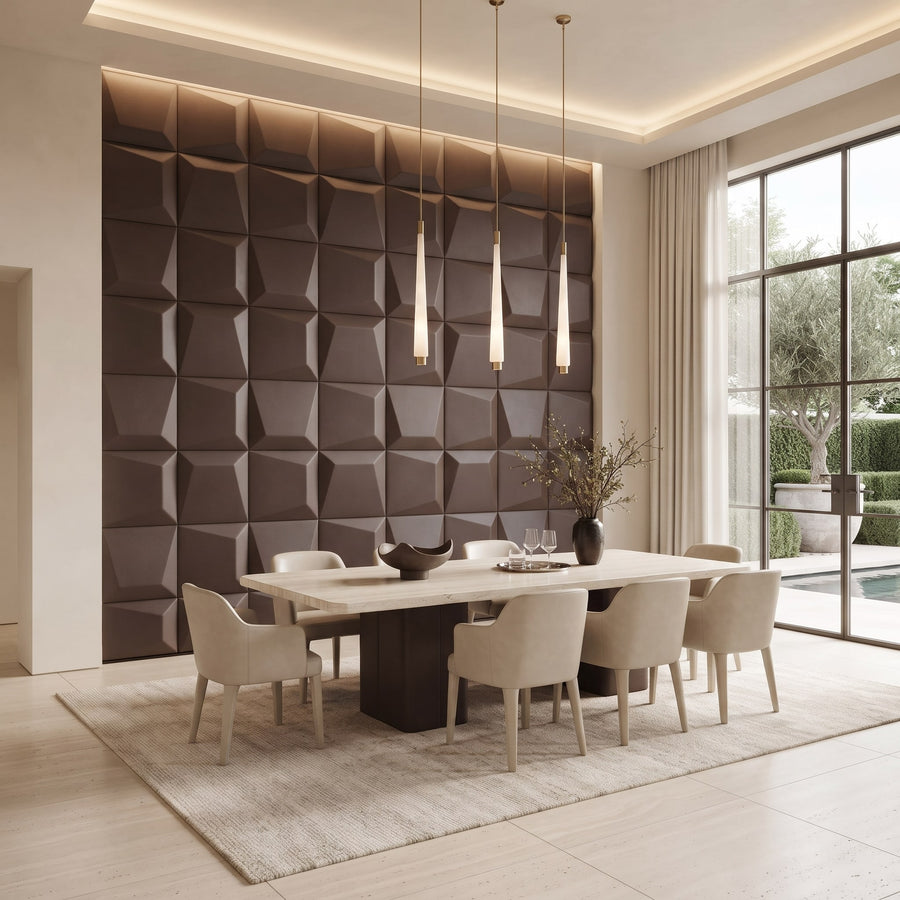 Mosaic Square 3D Leather Wall Panel in Dark Brown