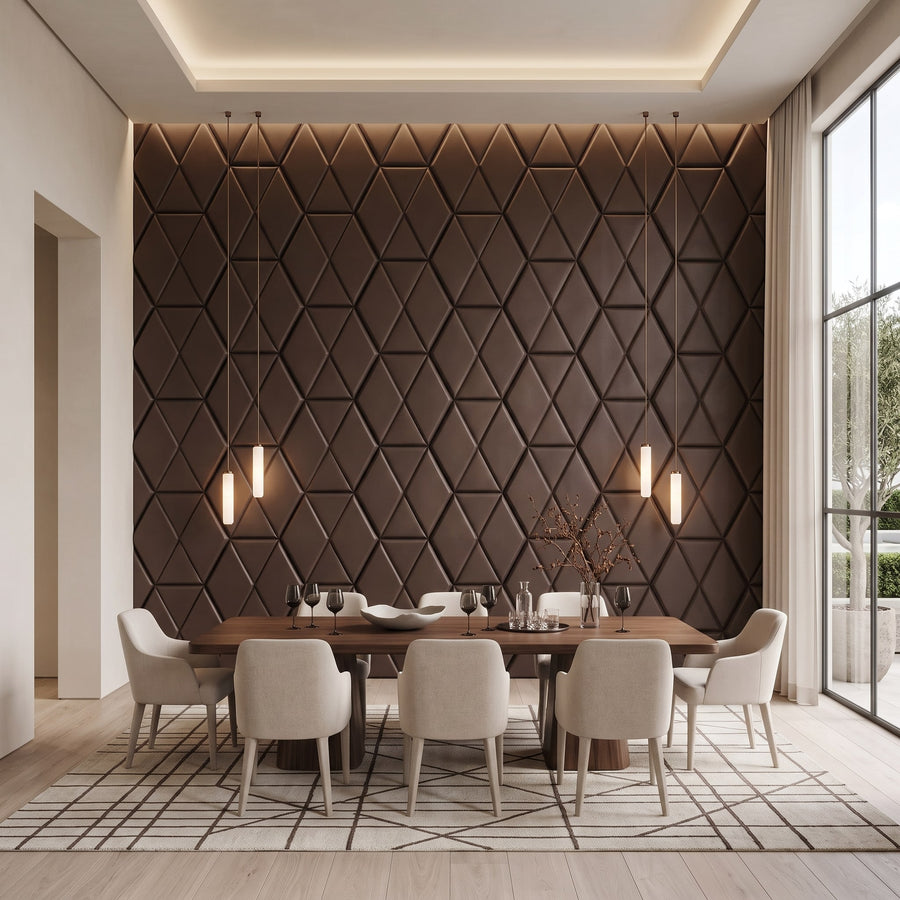 Diamond Tile Hexagon 3D Leather Wall Panel in Dark Brown