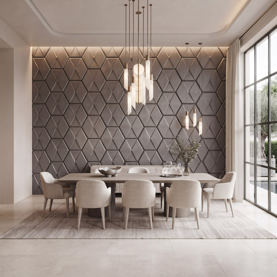 Diamond Tile Hexagon 3D Leather Wall Panel in Grey