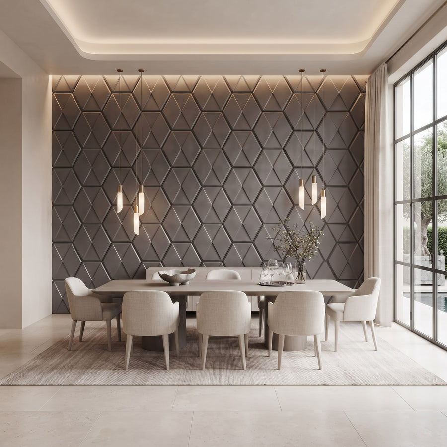 Diamond Tile Hexagon 3D Leather Wall Panel in Charcoal Grey