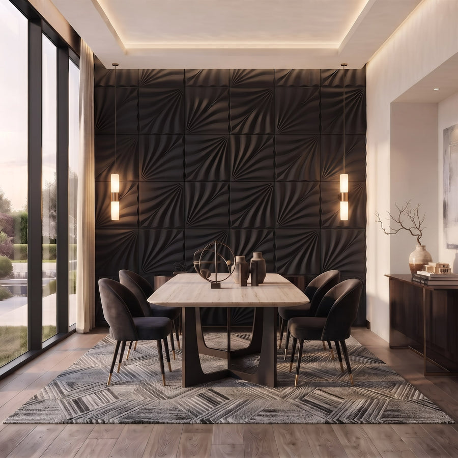 Rays Square 3D Leather Wall Panel in Black