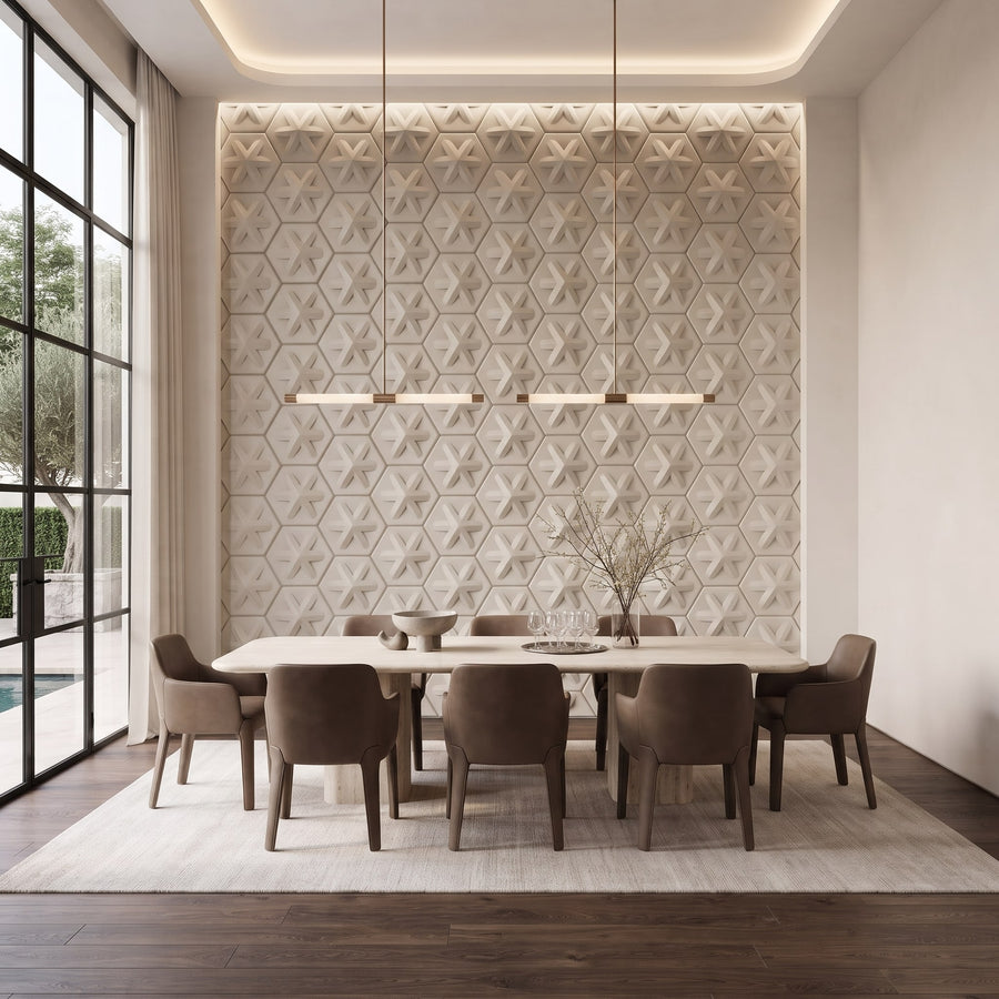 Asterisk Hexagon 3D Leather Wall Panel in Beige White