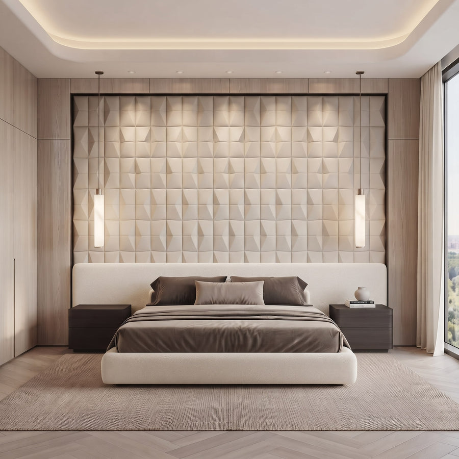 Flawless Square 3D Leather Wall Panel in Beige White