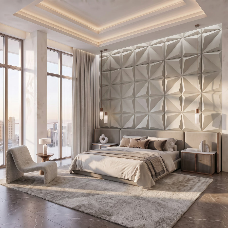 Leaves Square 3D Leather Wall Panel in Beige White