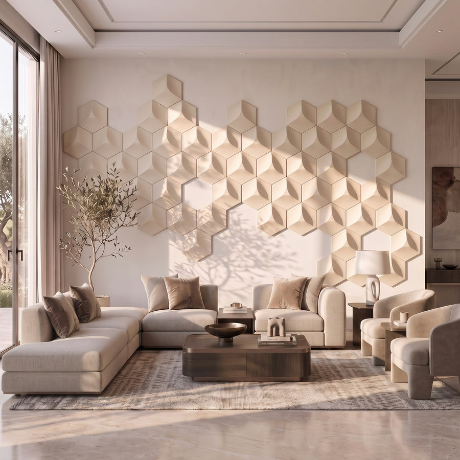 Cubed Hexagon 3D Leather Wall Panel in Beige White