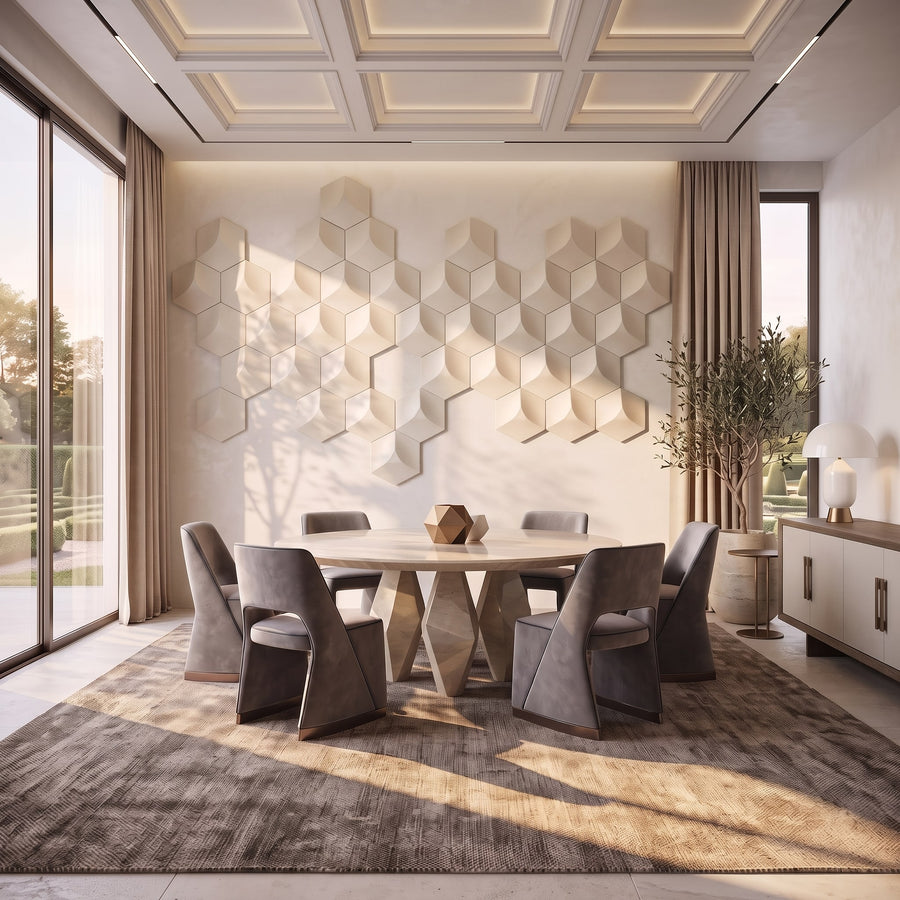 Cubed Hexagon 3D Leather Wall Panel in Beige White