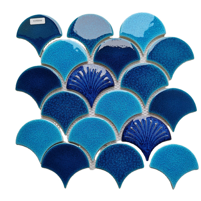 Blue Patterned Fan Shaped Mosaic Tile