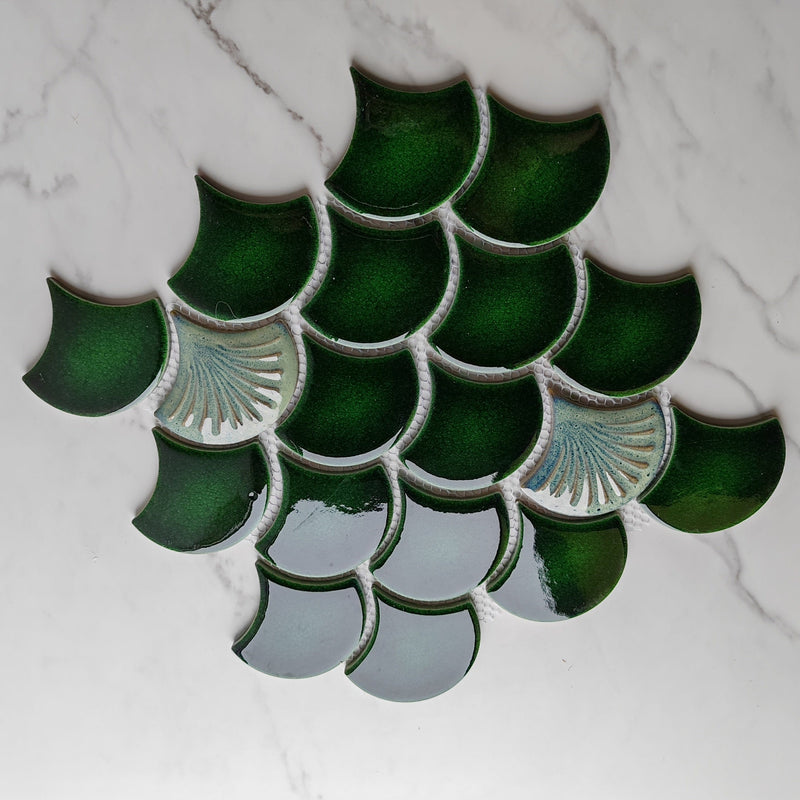 Green Patterned Fan Shaped Mosaic Tile