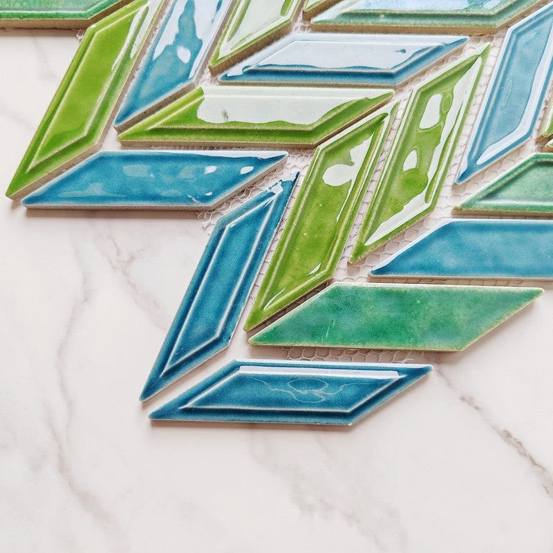 Emerald Green Blue Subway Herringbone Mosaic Tile