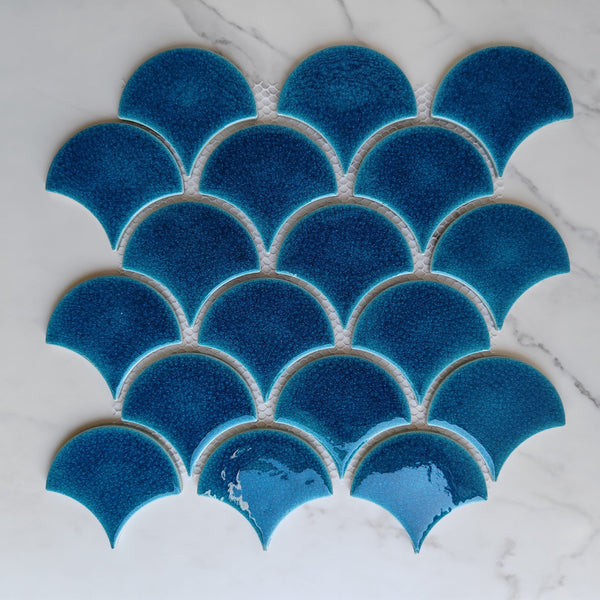 Blue Crackle Fan Shaped Mosaic Tile
