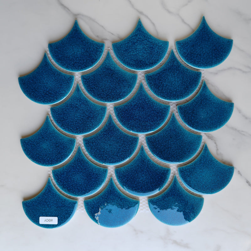 Blue Crackle Fan Shaped Mosaic Tile