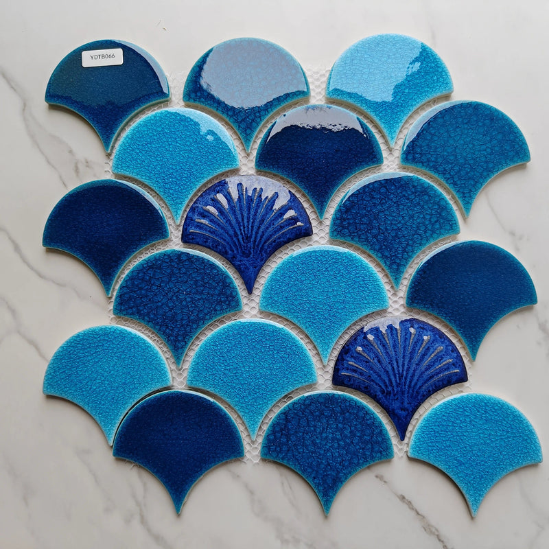 Blue Patterned Fan Shaped Mosaic Tile