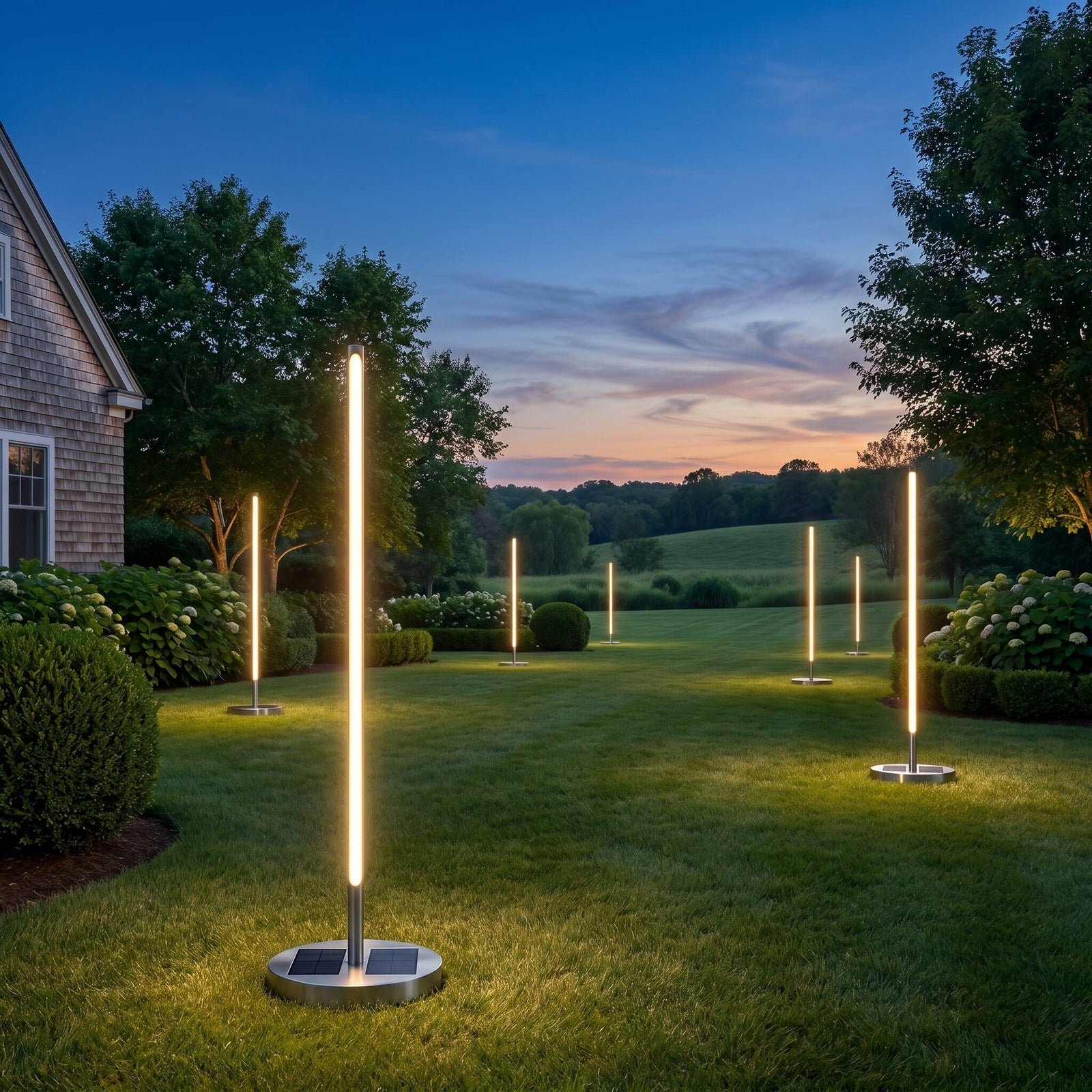 Several lamps glowing along a dark garden path