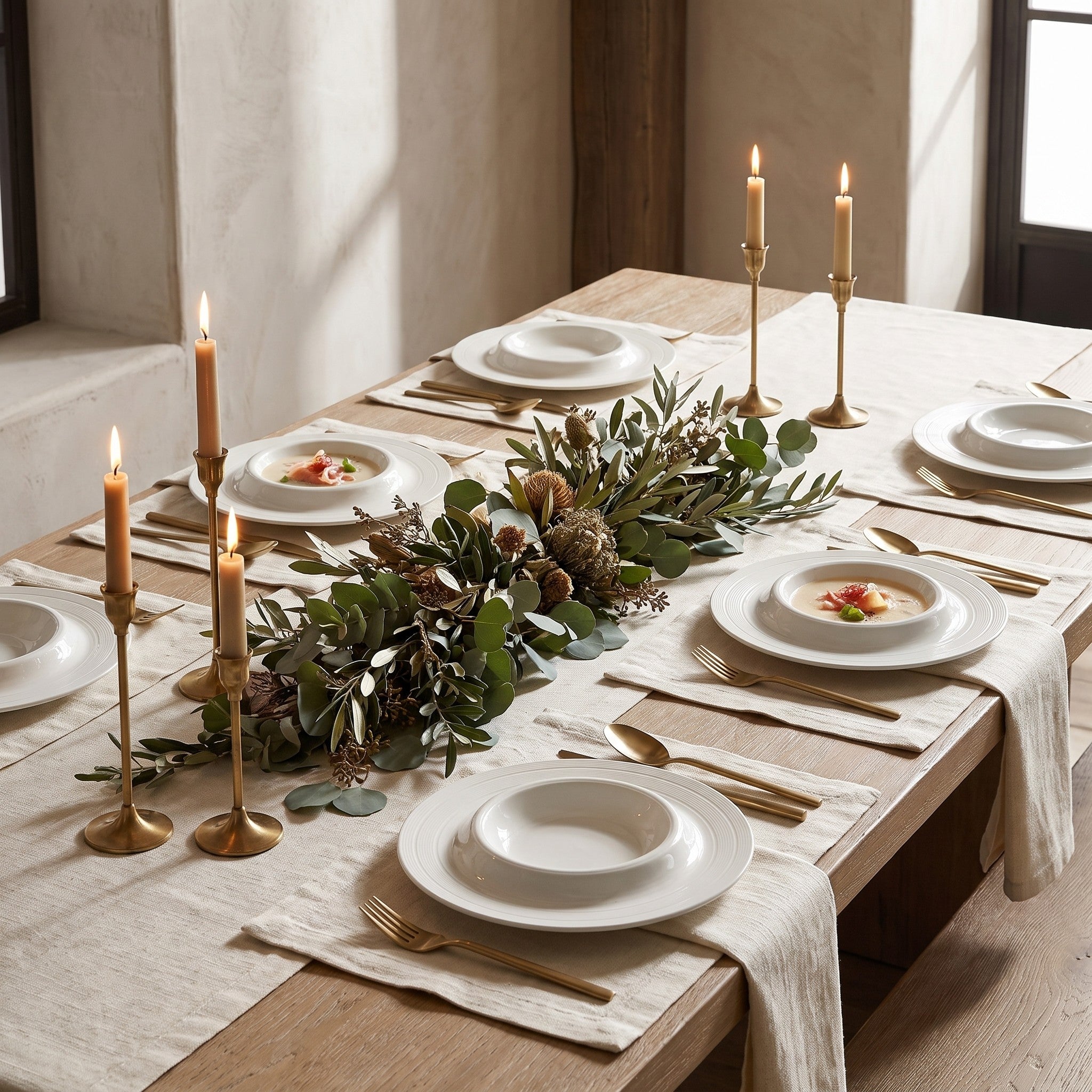 Solis Soup Plate styled in a fine-dining tablescape